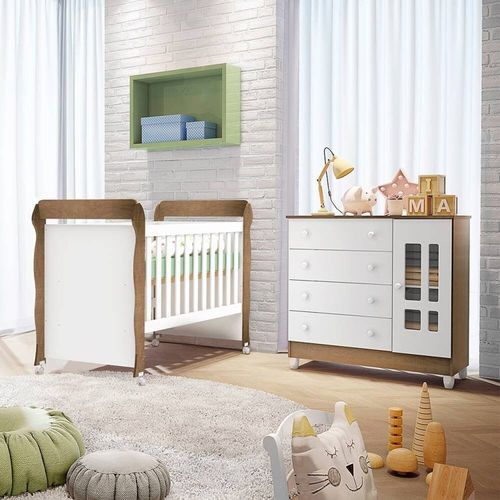 Conjunto Quarto Bebê Berço 3 em 1 Mirelle Cômoda 4 Gavetas 1 Porta 100% MDF Branco com Bétula