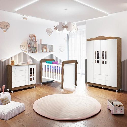 Quarto Bebê Completo Berço 3 em 1 Mirelle Guarda Roupa 4 Portas Cômoda 4 Gavetas 1 Porta MDF Branco/ Bétula