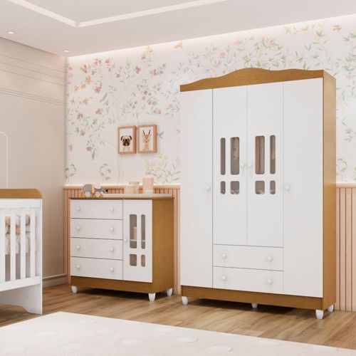 Conjunto Quarto Bebê Guarda Roupa Ariel 4 Portas Cômoda 4 Gavetas 1 Porta 100% MDF Branco com Bétula