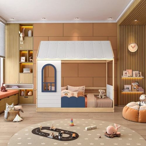 Cama Montessoriana Casinha com Led e Janela New Garden Casatema Banco/Azul