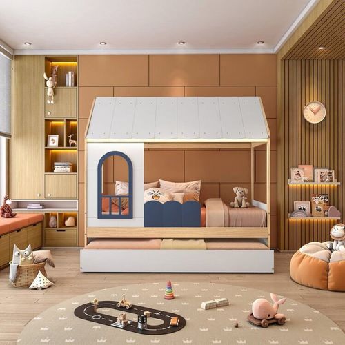 Bicama Infantil Casinha com Led e Janela New Garden Casatema Branco/Azul
