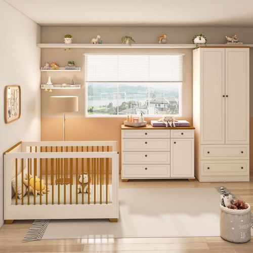 Quarto de Bebê Completo 1 Berço 1 Cômoda e 1 Guarda Roupa Baby Ananda Casatema B OffWhite/Mel