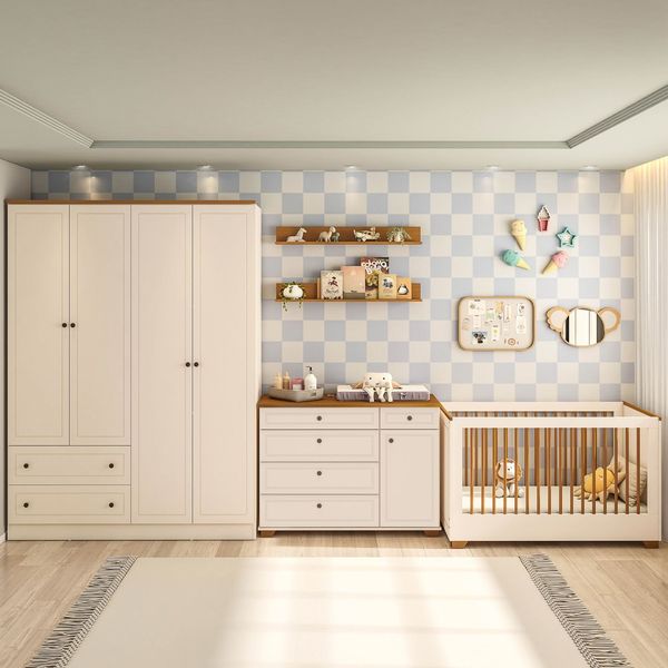 Quarto de Bebê Completo 1 Berço 1 Cômoda e 1 Guarda Roupa Baby Ananda Casatema OffWhite/Mel