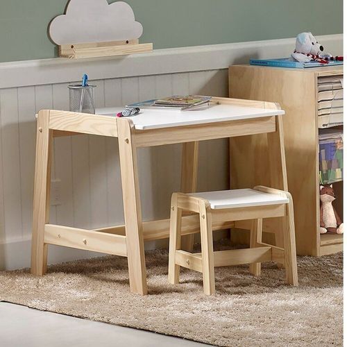 Conjunto Infantil Mesa com 1 Banqueta Castelo Casatema Branco/Marrom Branco/Natural
