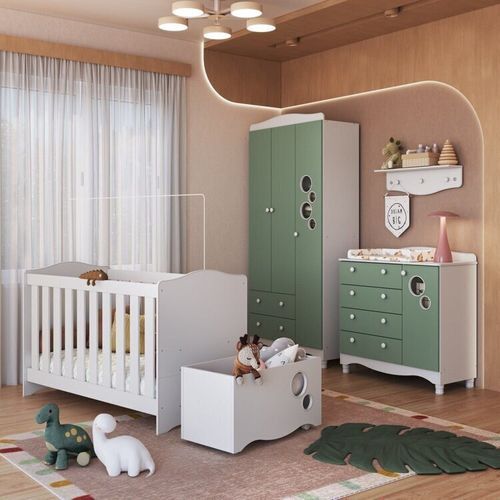 Conjunto Quarto de Bebê com Berço, Cômoda, Guarda-roupa, Prateleira e Baú de Brinquedos Branco/Verde