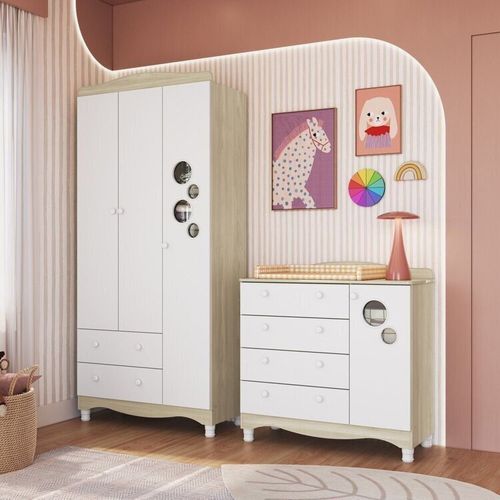 Conjunto para Quarto Infantil com Guarda-roupa e Cômoda Trocador Encanto Carvalho Araguaia/Branco