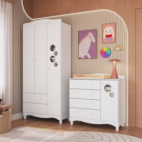 Conjunto para Quarto Infantil com Guarda-roupa e Cômoda Trocador Encanto Branco