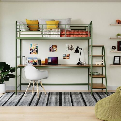 Cama Alta com Escrivaninha Multifuncional em Aço Carbono Tubular Teko Casatema Verde / Álamo