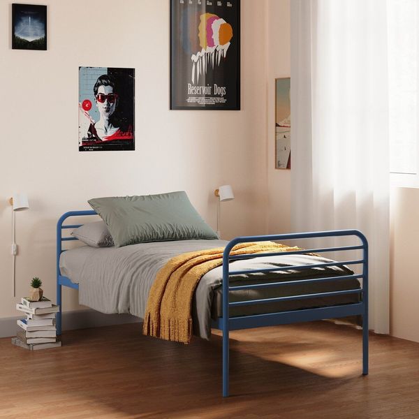 Cama Solteiro em Ferro Aço Carbono Tubular Teko Casatema Azul / Álamo