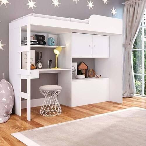 Cama Alta Solteiro Infantil/Juvenil Multifuncional com Baú E Estação De Trabalho 80 Lion Branco