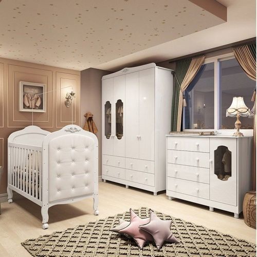 Quarto de Bebê com Guarda Roupa Cômoda com Janelas e Berço com Capitonê Maya Provençal 100% Mdf Yescasa Branco Brilho