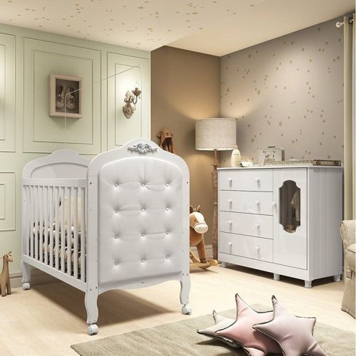 Quarto de Bebê com Cômoda 1 Porta com Janela e Berço com Capitonê Maya Provençal 100% Mdf Yescasa Branco Brilho