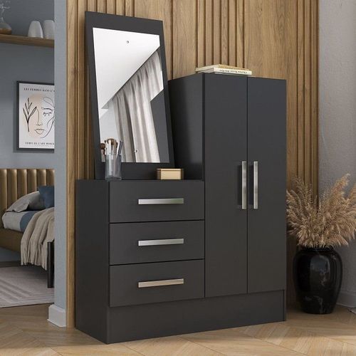 Cômoda para Quarto 3 Gavetas 2 Portas com Espelho Dunas Preto Yescasa Preto