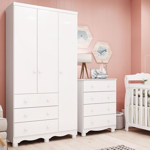 Quarto Infantil com Guarda-Roupa 3 Portas e Cômoda 4 Gavetas 100% MDF Mimo Espresso Móveis Branco Brilho