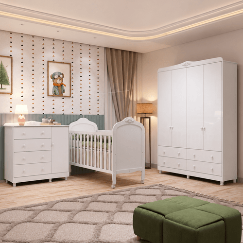 Quarto de Bebê Berço Guarda Roupa e Cômoda Maya Clássico Espresso Móveis Branco Brilho