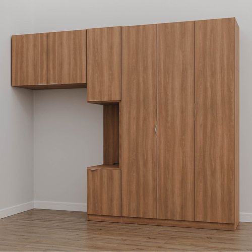 Guarda-Roupa Modulado Solteiro com Mesa de Cabeceira 7 Portas 3 Peças Hera CabeCasa MadeiraOriginals Louro/Cromado/Cromado