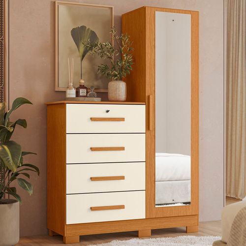 Cômoda Sapateira com Espelho 4 Gavetas 1 Porta Cancun Espresso Móveis Cinamomo/Off White