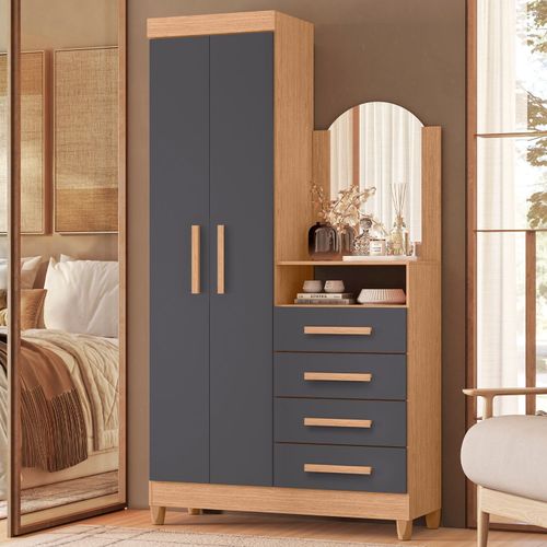 Guarda-roupa Cômoda 2 Portas e 4 Gavetas com Espelho New Capri Freijó / Titanium