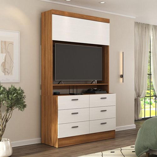 Cômoda para Quarto para Tv até 42 Polegadas Viena 1 Porta 6 Gavetas Yescasa Nogal/Branco