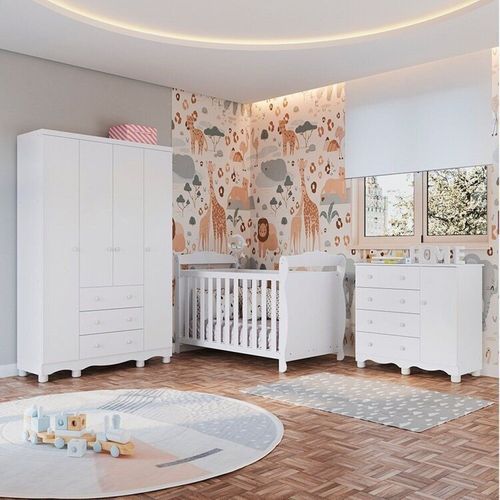 Quarto de Bebê Completo Berço 3 em 1, Guarda-roupa 4 Portas e Cômoda 100% MDF Nina Espresso Móveis Branco Brilho