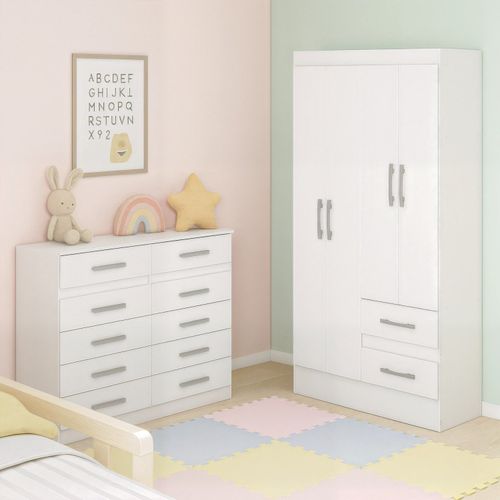 Quarto Infantil com Cômoda 10 Gavetas e Guarda-Roupa 4 Portas e 2 Gavetas Ninho Branco