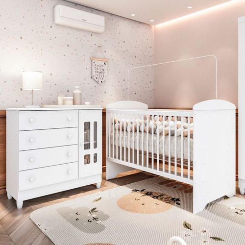 Conjunto Quarto Bebê Berço Americano 3Em1 Eloá Cômoda Infantil 4 Gavetas 1 Porta 100% MDF Branco