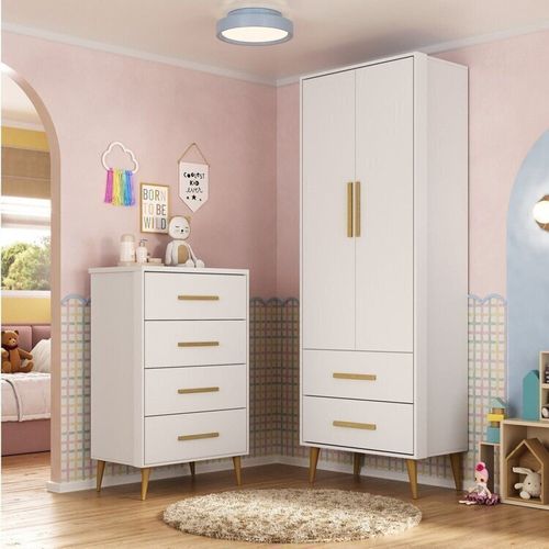 Quarto Infantil Completo Guarda-roupa 2 Portas 2 Gavetas com Cômoda Magia Espresso Móveis Branco