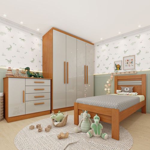 Quarto Infantil Completo com Guarda Roupa Cômoda e Cama 100% MDF Harmonia Yescasa Cinamomo / Off White