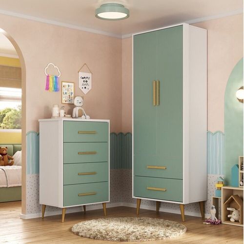 Quarto Infantil Completo Guarda-roupa 2 Portas 2 Gavetas com Cômoda Magia Espresso Móveis Rosa/Branco