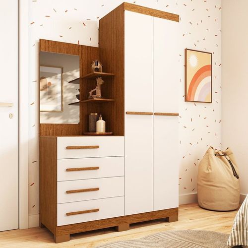 Guarda-roupa Infantil 2 Portas 4 Gavetas com Espelho 100% MDF 110cm Auris Espresso Móveis Cinamomo/Off White