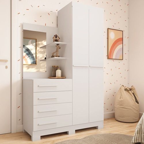 Guarda-roupa Infantil 2 Portas 4 Gavetas com Espelho 100% MDF 110cm Auris Espresso Móveis Branco/Rosa/Azul/Lilas