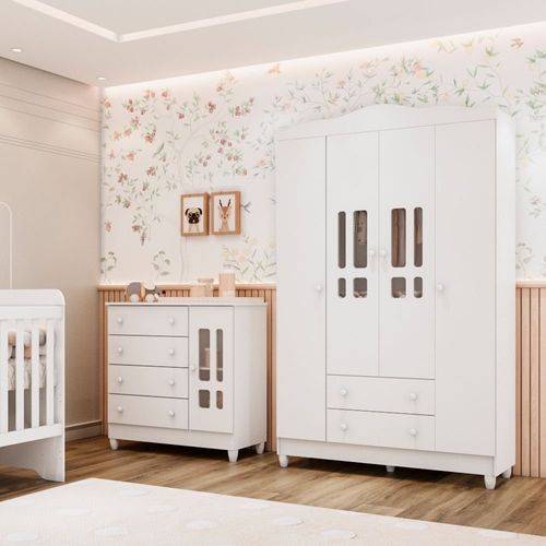 Conjunto Quarto Bebê Guarda Roupa Ariel 4 Portas Cômoda 4 Gavetas 1 Porta 100% MDF Branco
