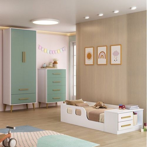 Quarto Infantil Completo Guarda-Roupa 2 Portas 2 Gavetas com Cômoda e Cama Magia Espresso Móveis Branco/Verde