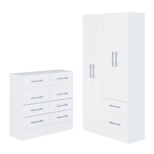 Quarto Infantil com Cômoda 8 Gavetas e Guarda-roupa 4 Portas e 2 Gavetas Ninho Branco