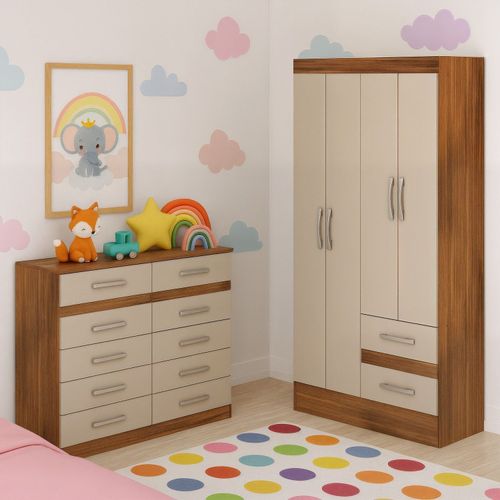 Quarto Infantil com Cômoda 10 Gavetas e Guarda-Roupa 4 Portas e 2 Gavetas Ninho Castanho/Off White