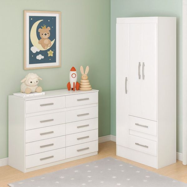 Quarto Infantil com Cômoda 10 Gavetas e Guarda-Roupa 3 Portas e 2 Gavetas Ninho Branco