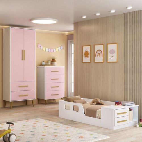 Quarto Infantil Completo com Guarda-roupa, Cômoda e Cama Magia Espresso Móveis Branco/Rosa