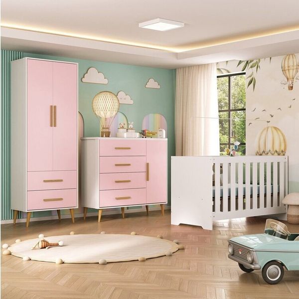 Quarto Infantil com Guarda-roupa 2 Portas 2 Gavetas com Cômoda e Berço Magia Espresso Móveis Branco/Rosa