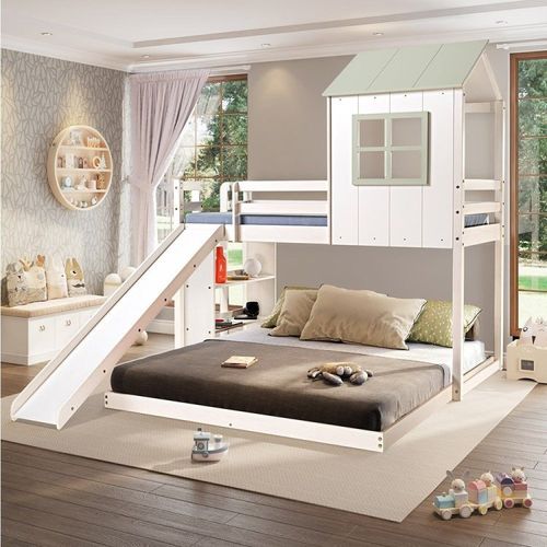 Beliche Queen Montessoriano Cabana Family com Escorregador e Estante Casatema Branco/Verde