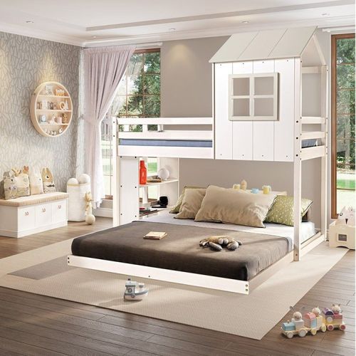 Beliche Solteiro Queen Montessoriano Cabana com Escorregador e Estante Casatema Branco/Off White