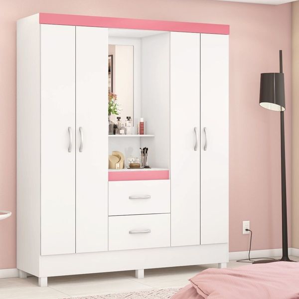 Guarda-roupa Infantil 4 Portas Capela Encanto Branco/Rosa