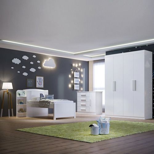 Quarto Infantil Completo com Guarda-roupa Cama 100% Mdf e Cômoda Angel Branco