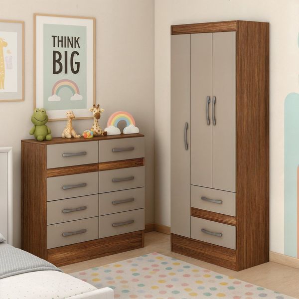 Quarto Infantil com Cômoda 8 Gavetas e Guarda-Roupa 3 Portas e 2 Gavetas Ninho Castanho / Off White