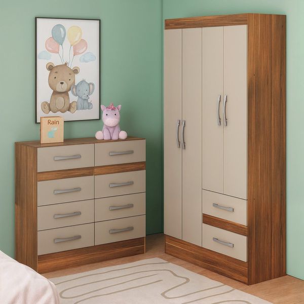 Quarto Infantil com Cômoda 8 Gavetas e Guarda-Roupa 4 Portas e 2 Gavetas Ninho Castanho / Off White