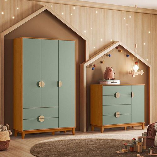 Conjunto Quarto Infantil Kid em Mdf Mimo Cinamomo / Sálvia