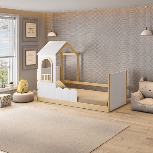 Cama Reversível Montessoriano com Telhado e Led New Garden Casatema Natural/Branco