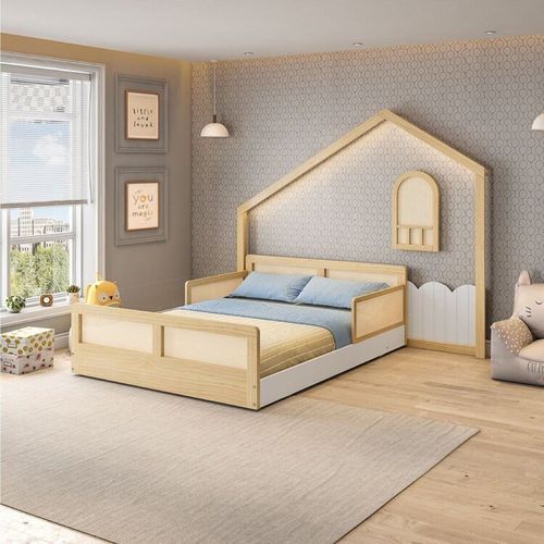 Cama Montessoriana Lift Casal e Moldura com Led New Garden Casatema Natural/Branco