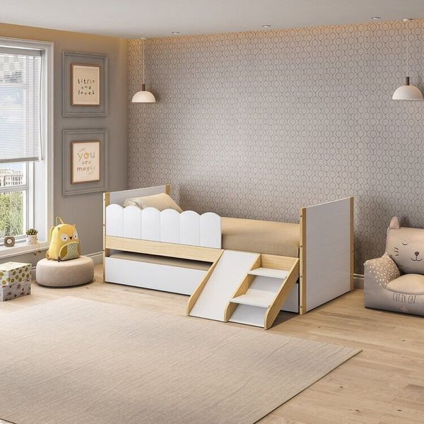 Bicama Infantil com Mini Escorregador e Grade New Garden Casatema Natural/Branco