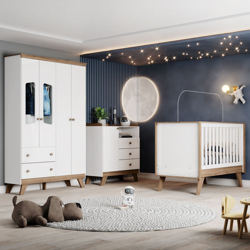Conjunto para Quarto de Bebê Completo Berço, Guarda-Roupas e Cômoda Branco e Jequitibá Retrô Confete Branco/Jequitibá