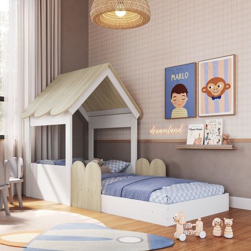 Cama Infantil Montessoriana com Casinha Infanto Branco/Carvalho Araguaia